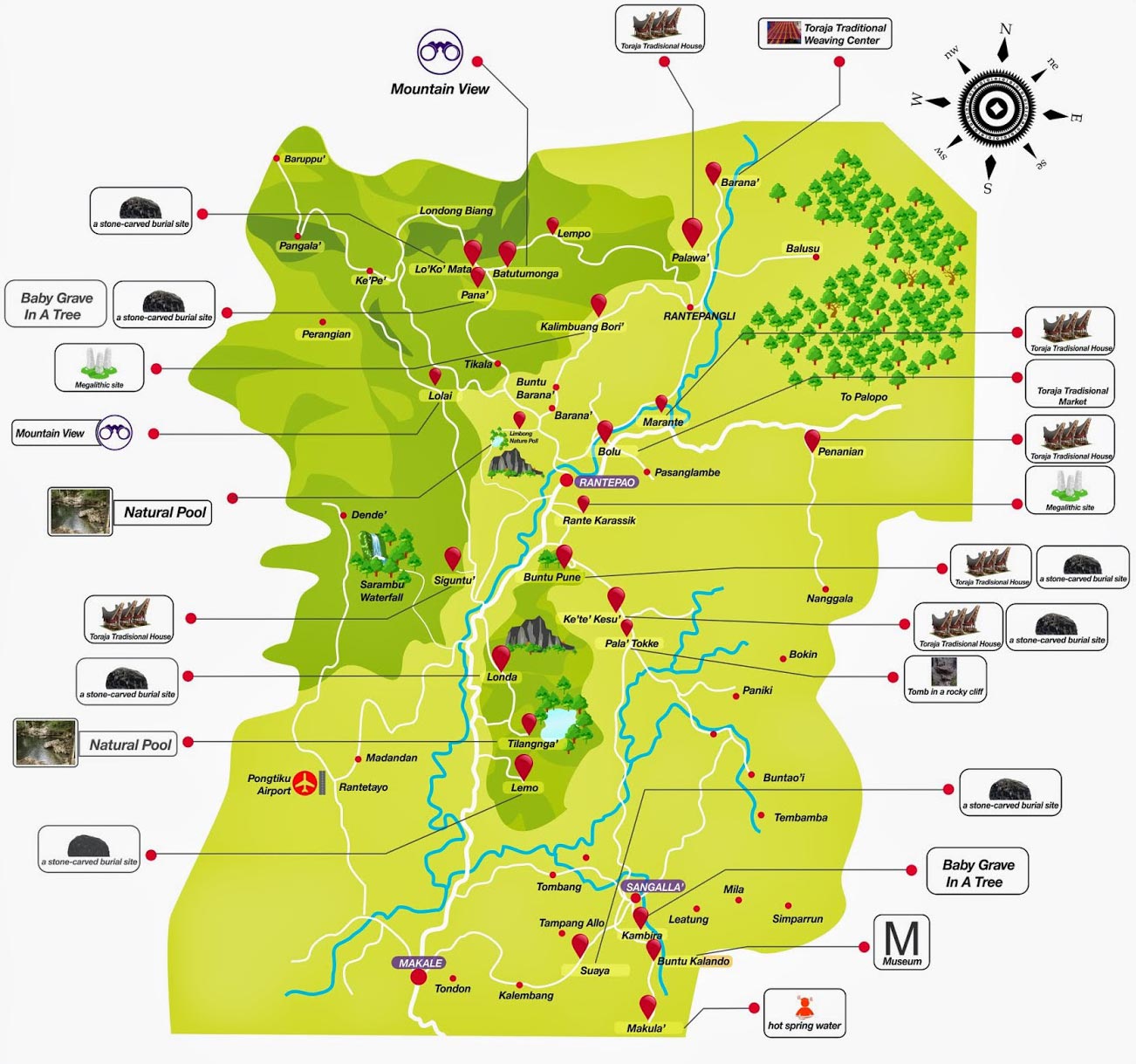 Mapa con gran cantidad de puntos de inters en Tana Toraja